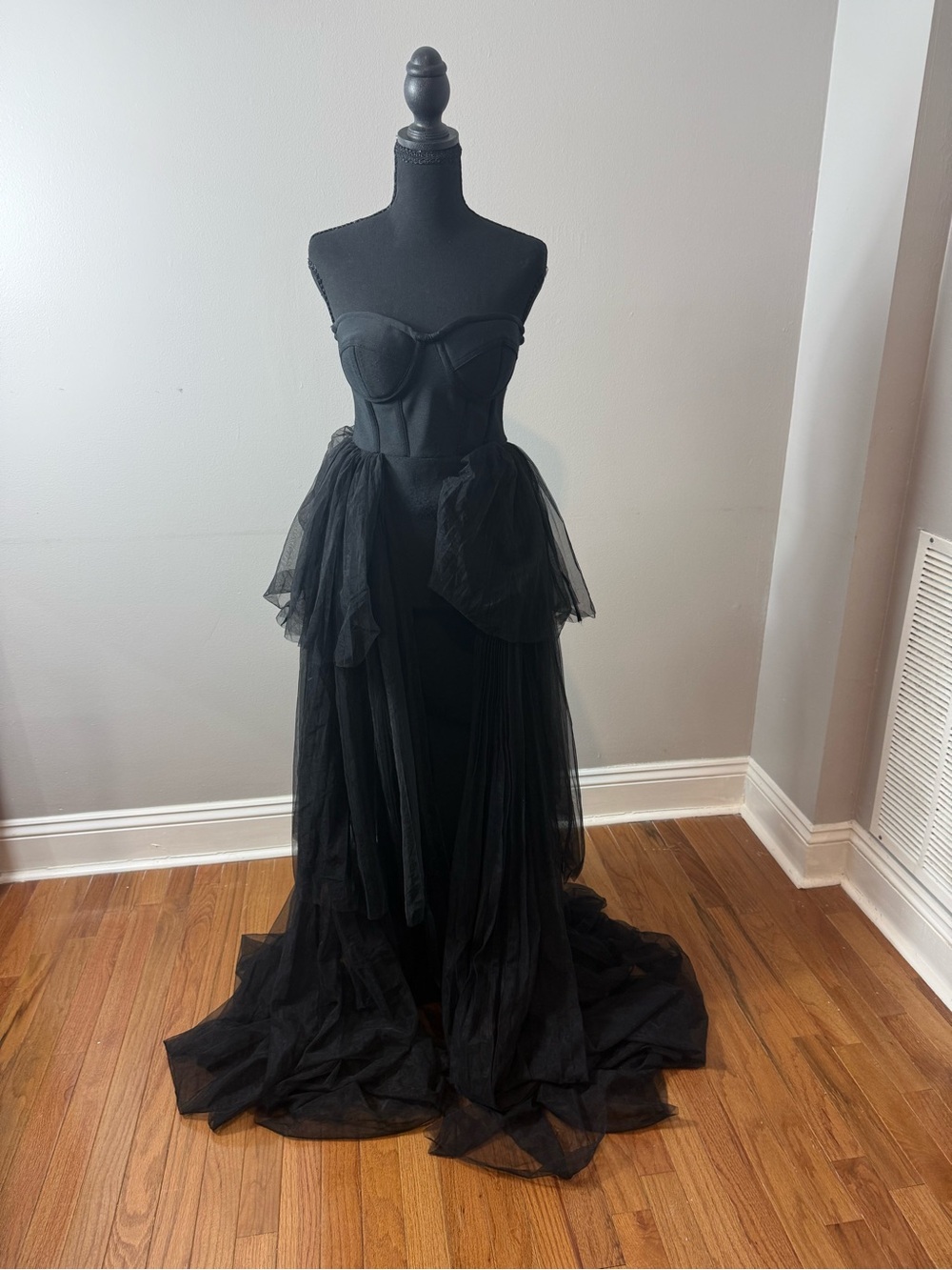 Strapless Black Tulle Prom Dress with Structured Corset